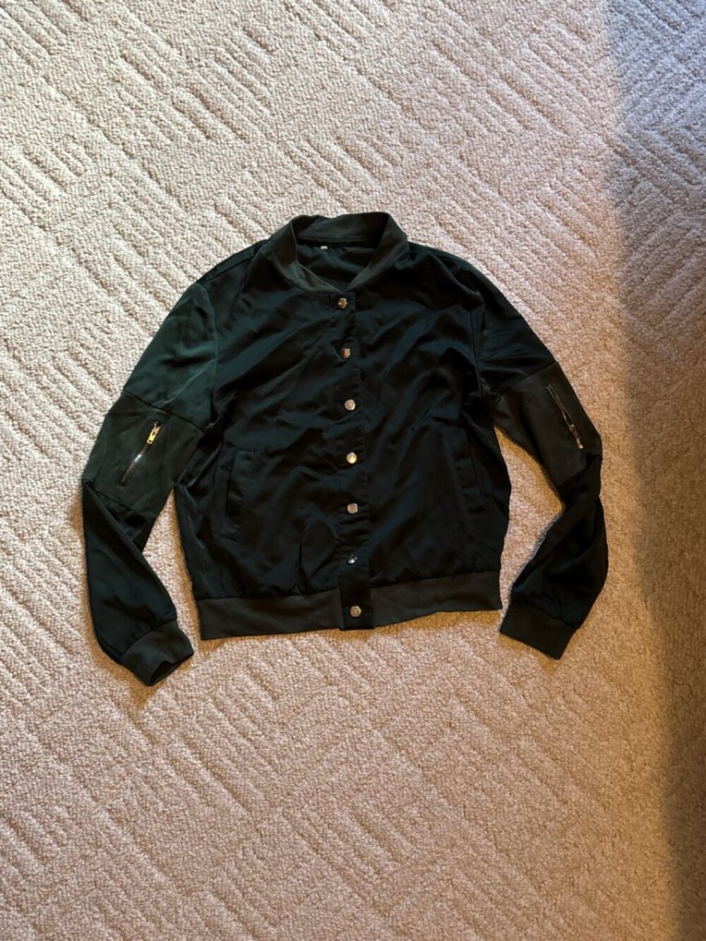 Dark Green Satin Bomber Jacket with Gold Button & Zipper Details